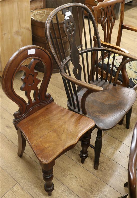A Victorian Windsor chair and a mahogany hall chair